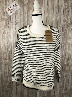 Bonobo Sweater Womens XS Striped Beaded Pullover White Black Shirt N122